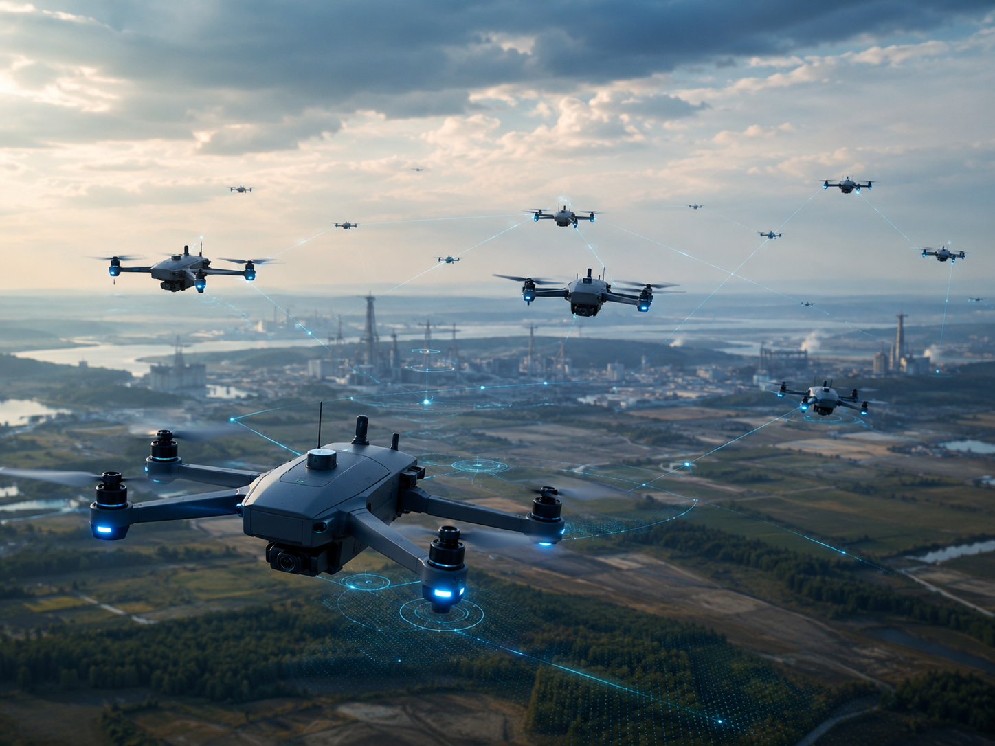 features Advanced swarm of drones flying in coordinated formation over an industrial landscape, connected by a digital network to show autonomous communication and multi-UAV operations.
