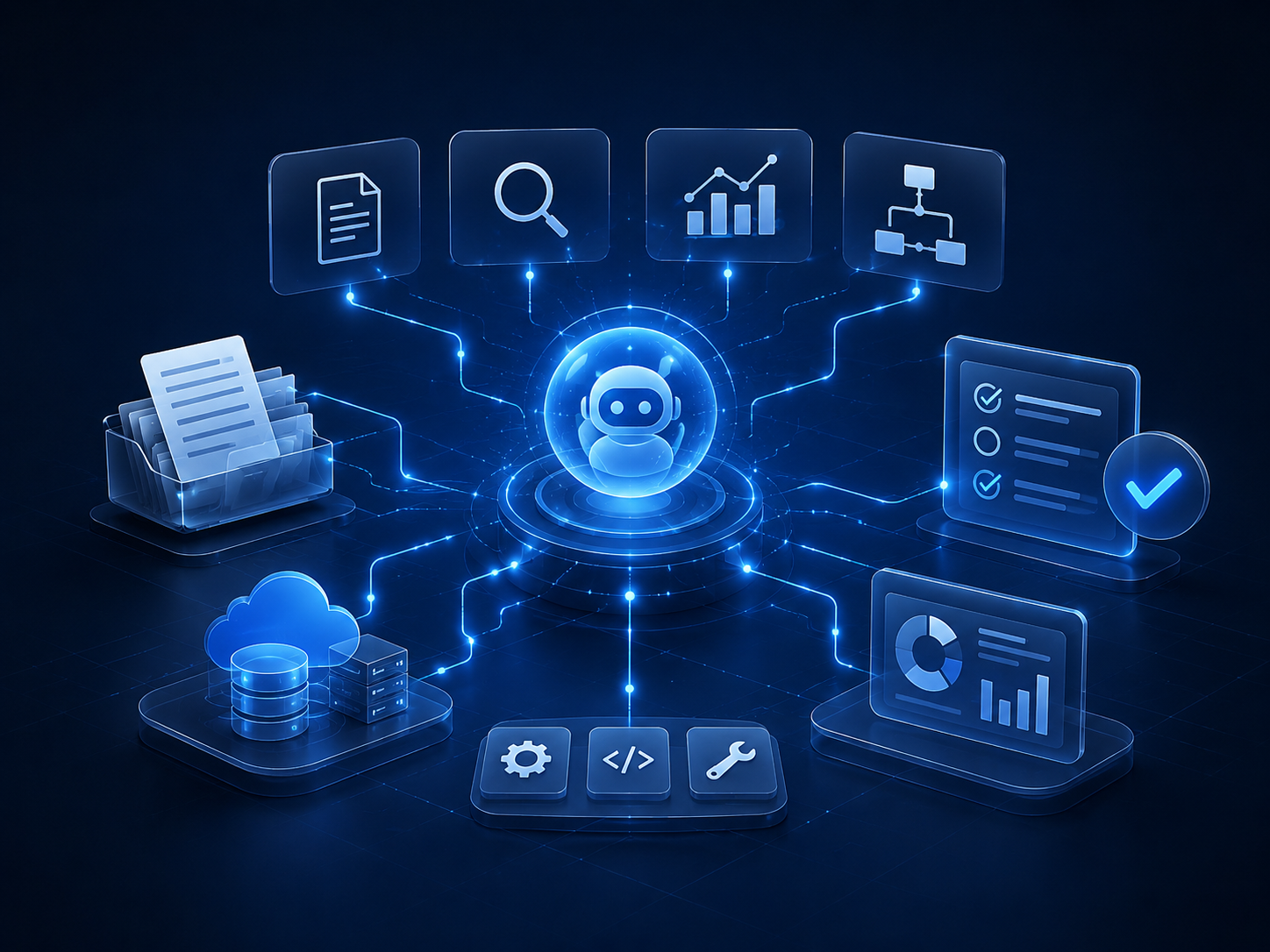 features AI agents illustration showing a central AI assistant connected to documents, search, analytics, workflows, cloud data, tools, reporting and task approval.