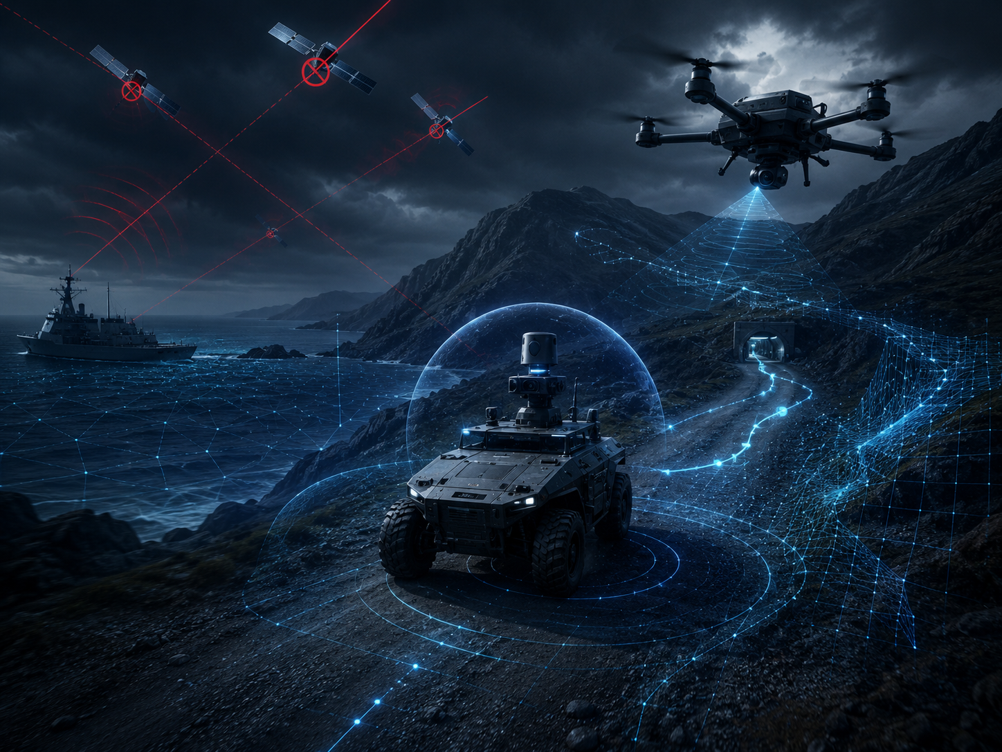 features GNSS and GPS outage concept showing satellites under interference, a drone and autonomous vehicle navigating through a stormy coastal environment using resilient positioning, navigation and timing systems.