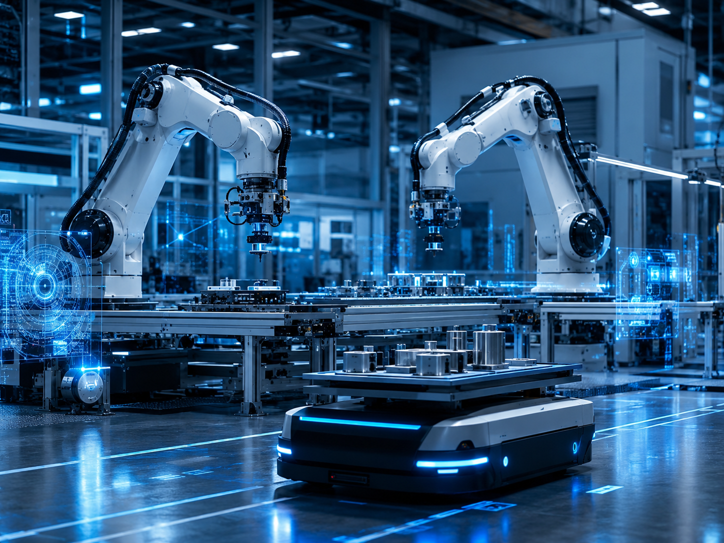 features Robotics automation image showing robotic arms and an autonomous mobile robot working inside a modern industrial assembly line with blue digital interface overlays.