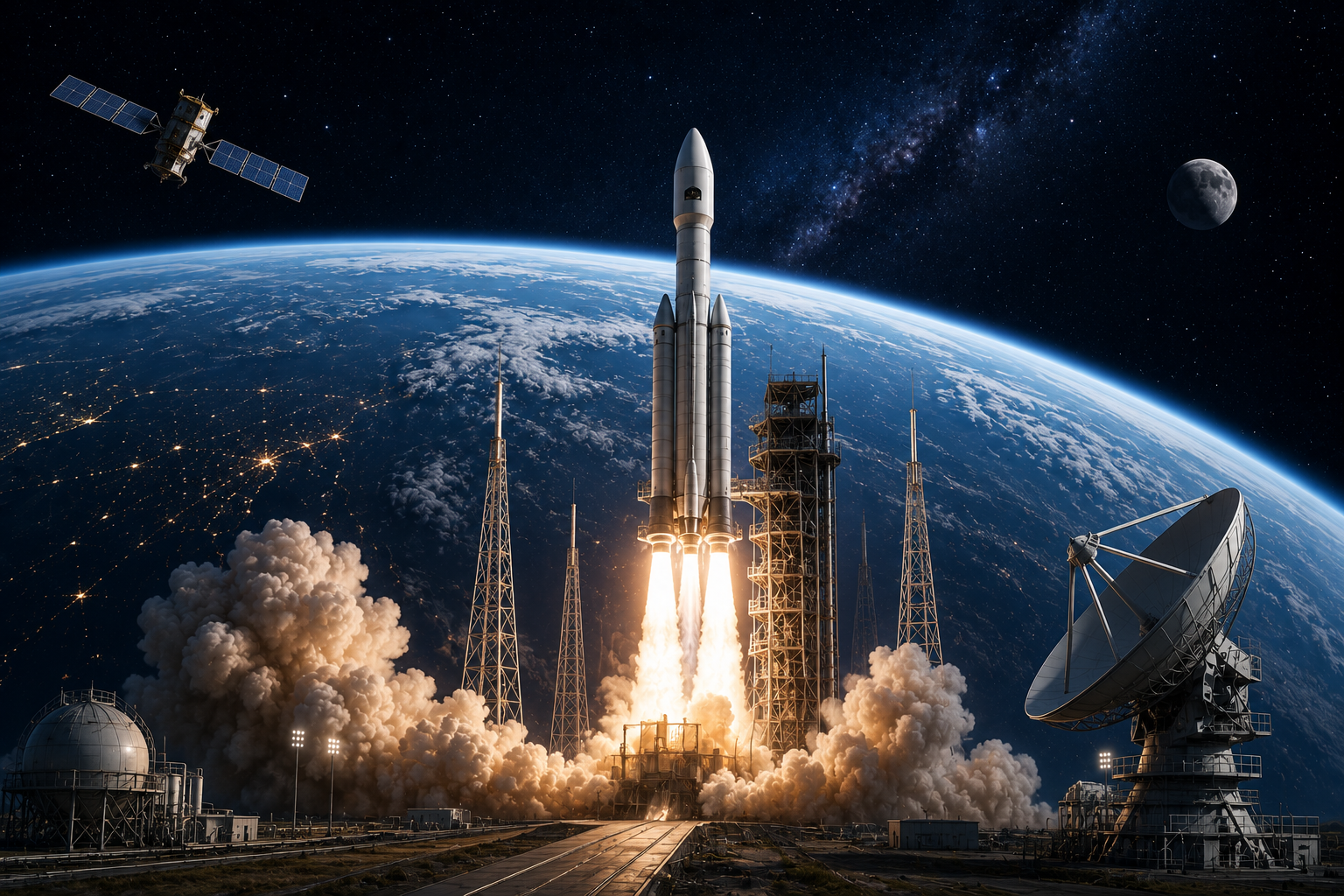 features Rocket launching into space with Earth in the background, satellites in orbit, a ground communication dish and launch infrastructure representing space technology and autonomous missions.