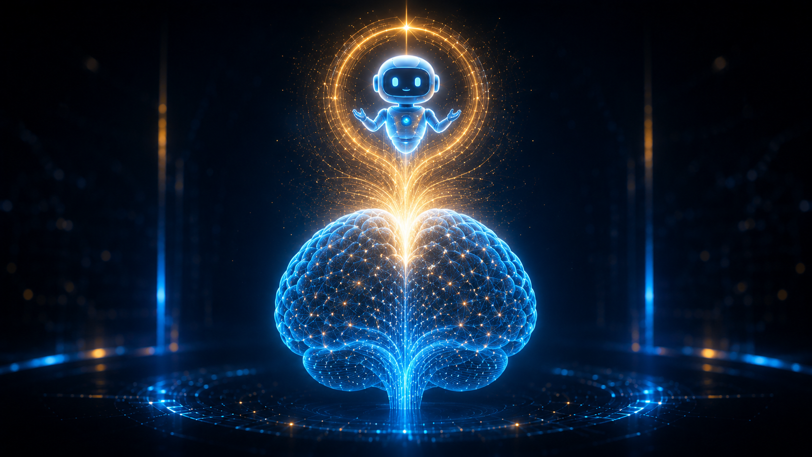 Holographic AI agent emerging from a glowing digital brain, surrounded by golden energy streams and a circular halo to represent the brain of an AI agent.