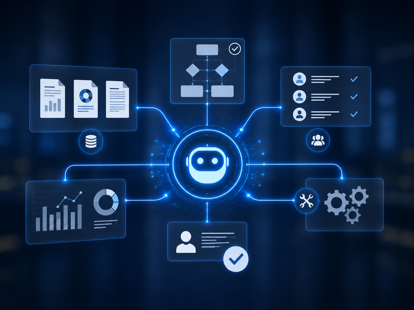 AI agent workflow diagram showing documents, data, reporting, tools, human review and automation steps connected around a central AI assistant interface.
