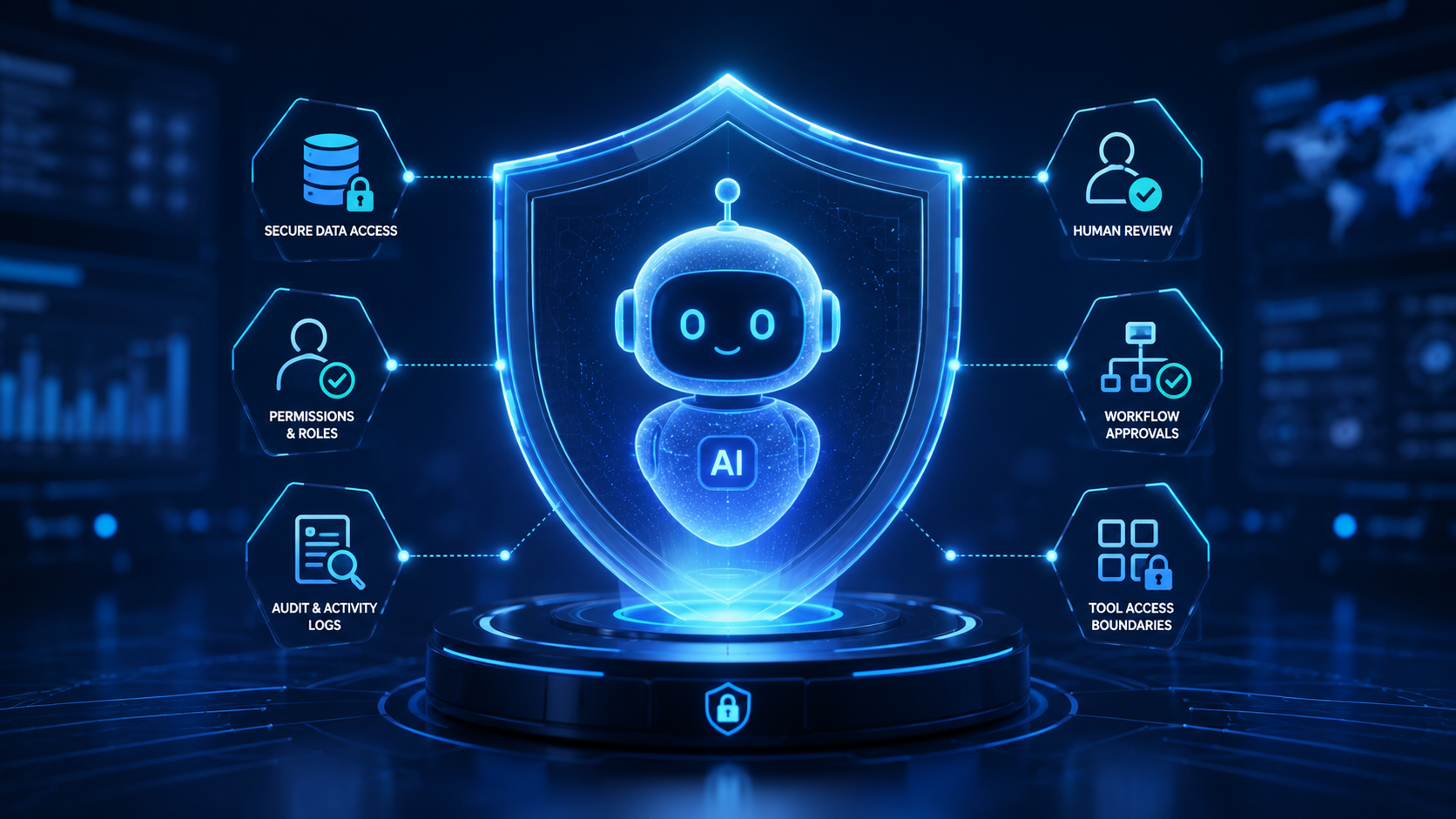 AI agent protected by a digital shield with secure data access, permissions, audit logs, human review, workflow approvals and tool access boundaries.