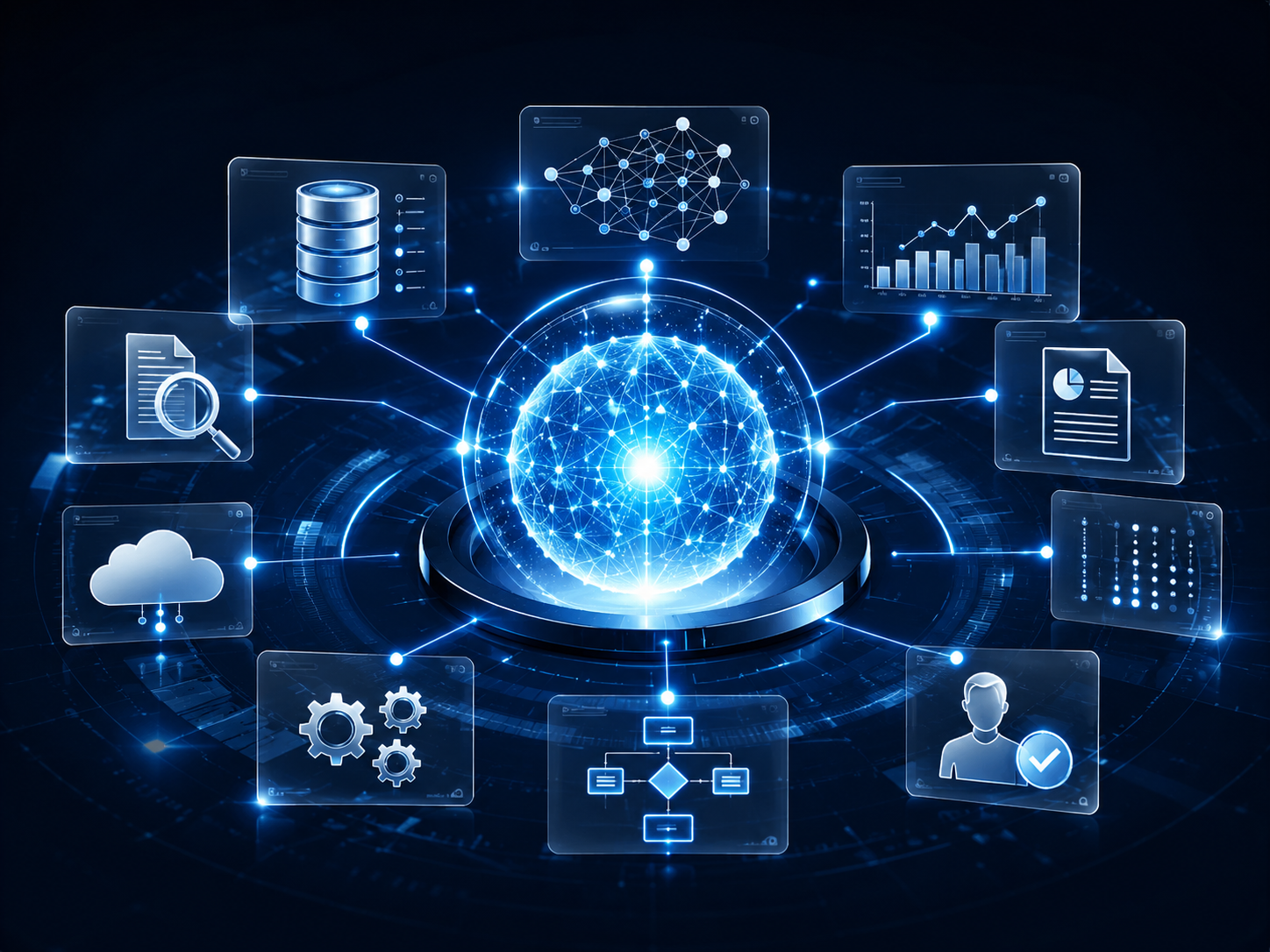 features Artificial intelligence illustration showing a central AI system connected to document search, data storage, analytics, reporting, cloud systems, workflow automation, tools and human review.