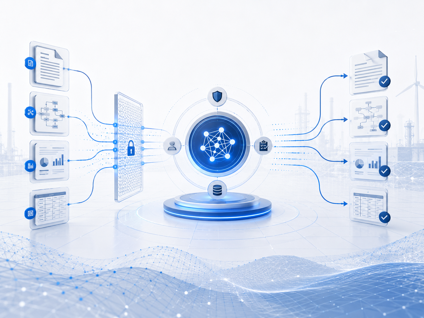 Secure AI automation data workflow showing approved sample documents, anonymised records, and controlled engagement boundaries.