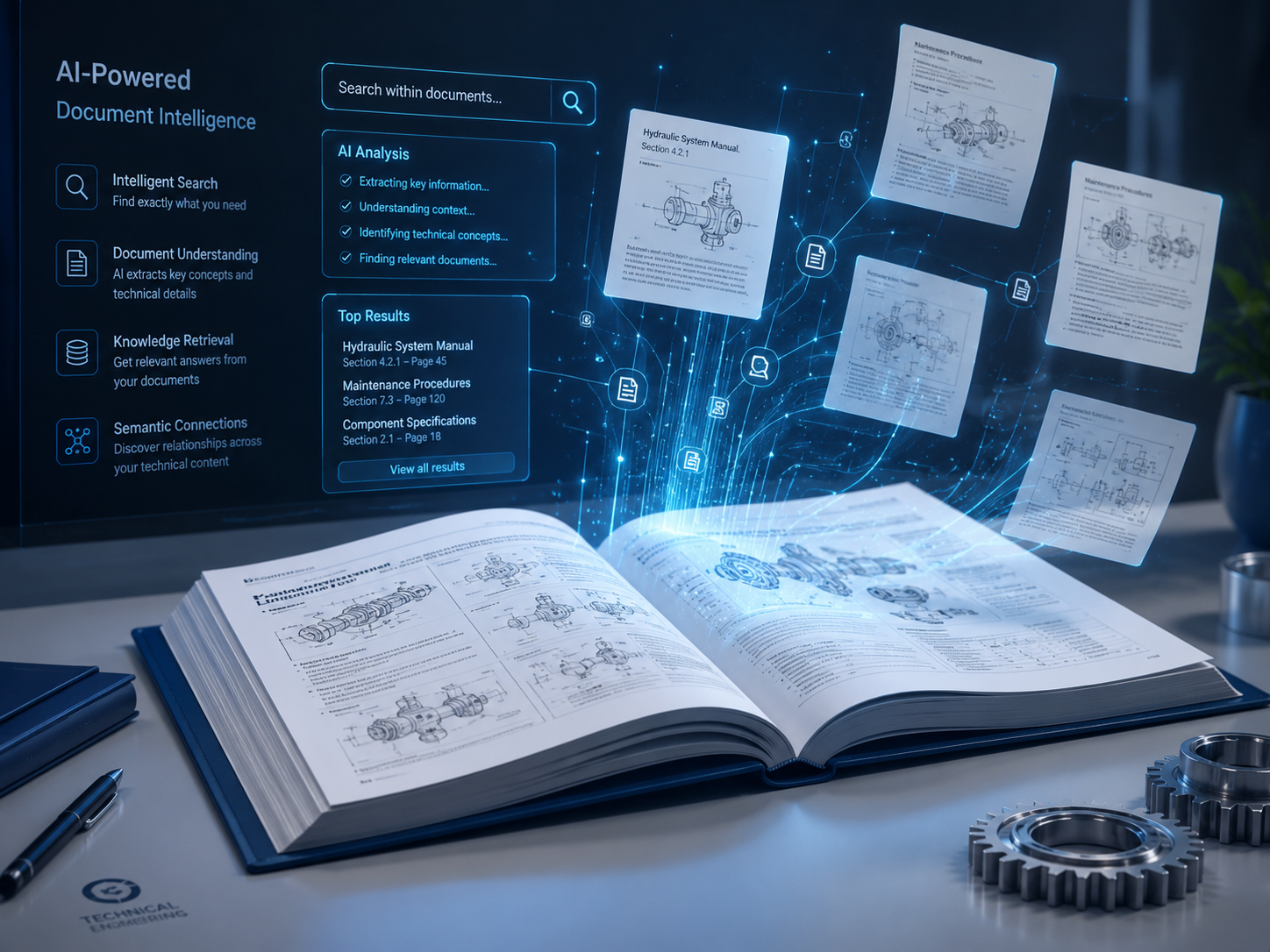 Engineering document AI search system for finding manuals, procedures, reports, design notes, standards, and technical records