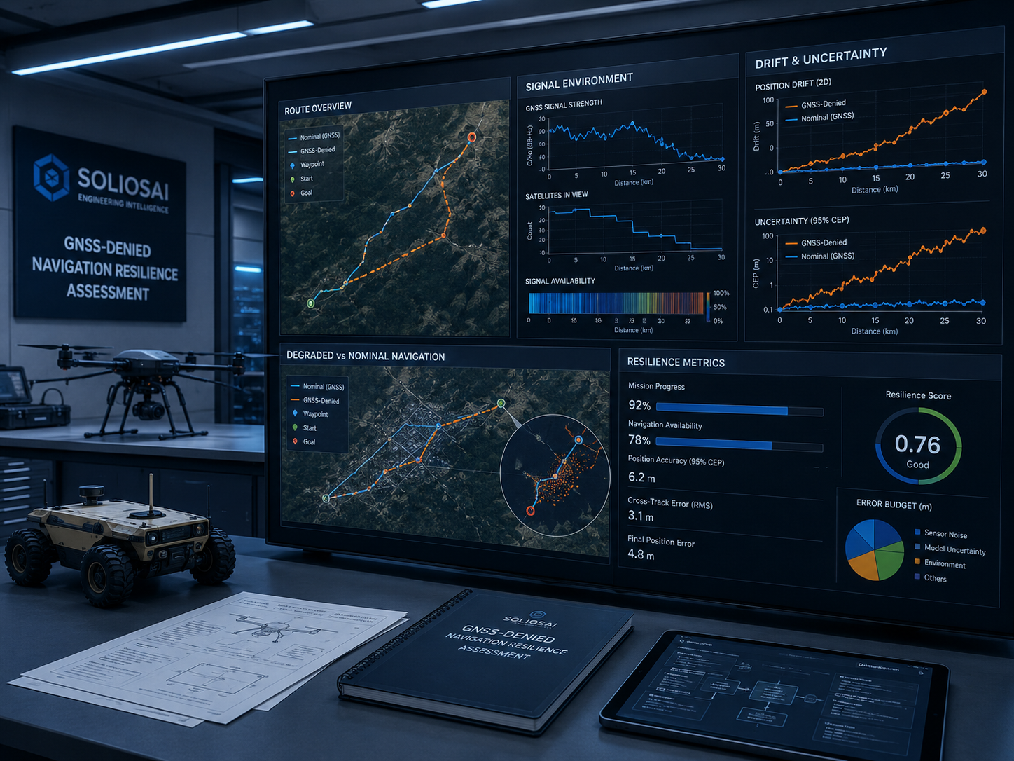 GNSS-denied navigation resilience assessment for autonomous systems showing degraded positioning, jamming-style disruption, spoofing-style bias, navigation drift, uncertainty growth, and sensor-fusion fallback behaviour