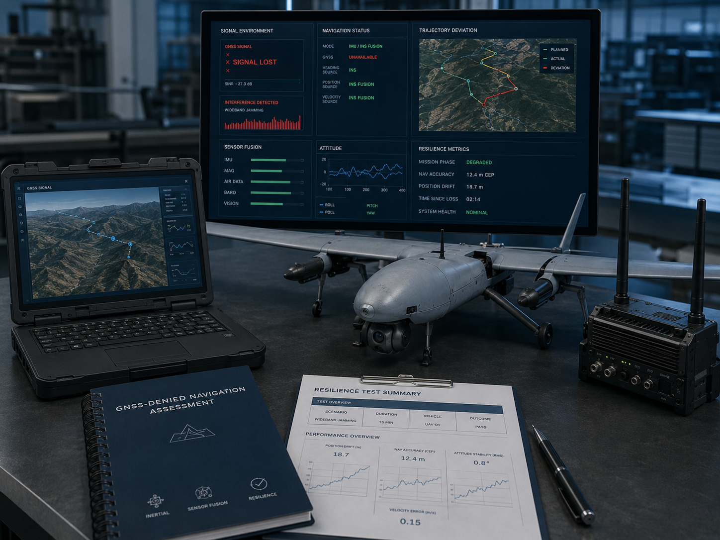 services-01 GNSS-denied navigation resilience assessment for degraded positioning, jamming-style scenarios, sensor uncertainty, and navigation drift