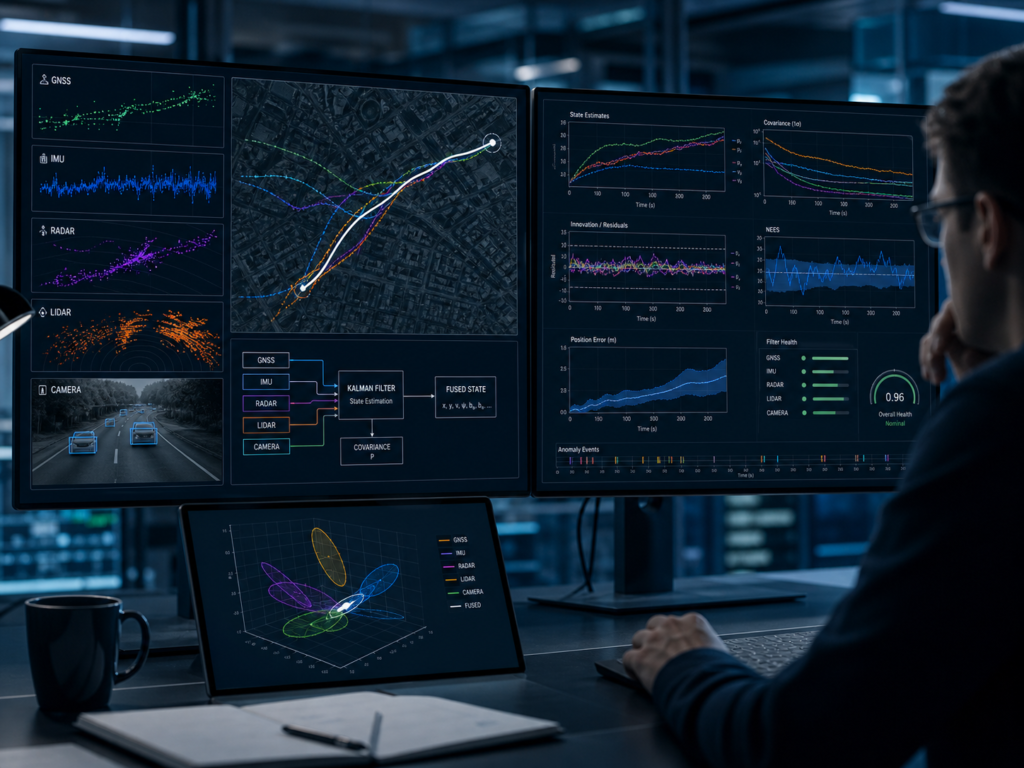 Kalman filter and sensor fusion diagnostics dashboard for navigation health, innovation analysis, covariance behaviour, and sensor trust assessment