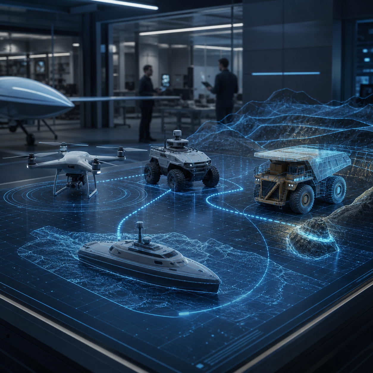 Multi-domain autonomy simulation assessment showing UAV, ground vehicle, maritime, and mining system scenarios with navigation and mission risk modelling