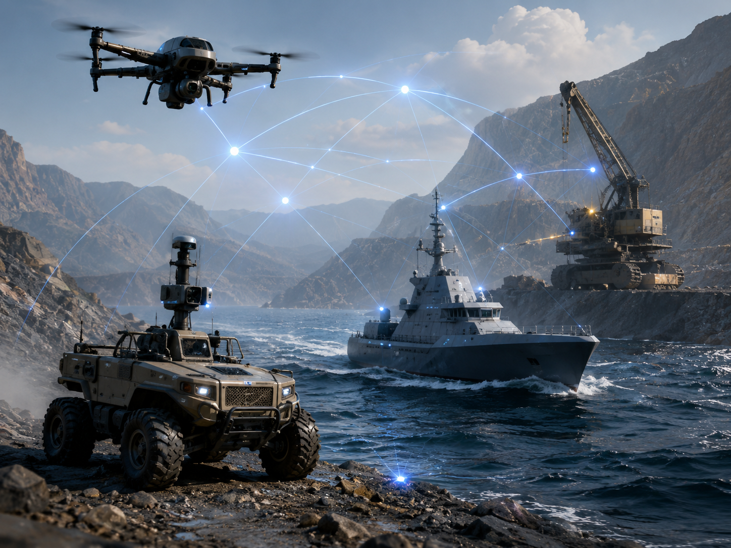 Multi-domain autonomy systems showing UAV, ground vehicle, maritime vessel, and mining platform connected across operational domains