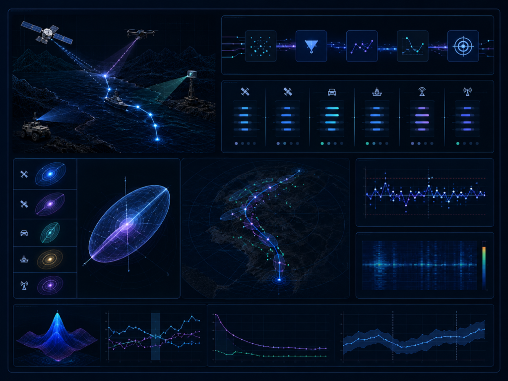 Sensor fusion and filtering diagnostics dashboard showing covariance, innovation, sensor trust, Kalman filter, EKF, and UKF analysis