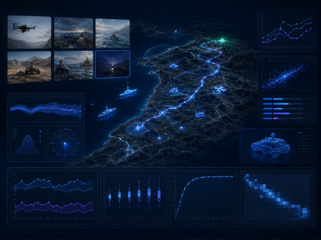 Simulation evidence dashboard showing mission scenarios, route analysis, performance metrics, plots, and validation-ready reporting for autonomous systems