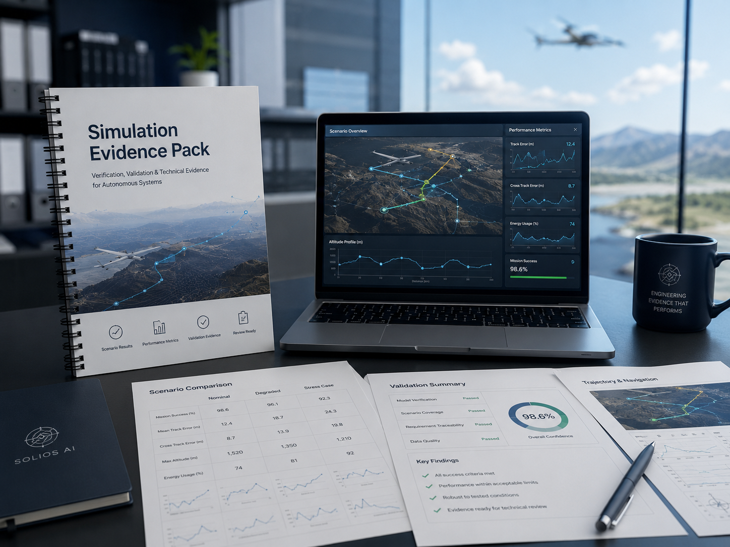 Simulation evidence pack for autonomous systems showing scenario comparisons, performance metrics, trajectory plots, validation summaries, and review-ready technical reports