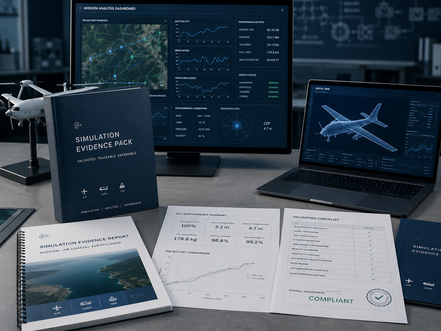 services-01 Simulation evidence pack showing scenario comparisons, trajectory plots, navigation metrics, and review-ready technical reports